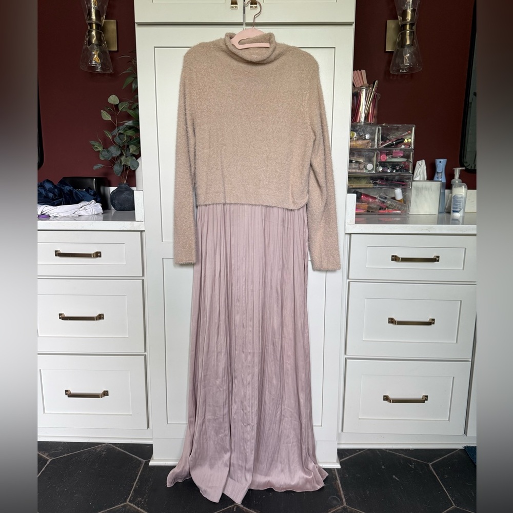 Anthropologie Two-Tone Long Sleeve Maxi Dress in Beige and Dusty Pink